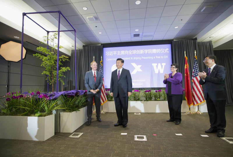 9月23日，國家主席習(xí)近平在西雅圖附近的雷德蒙德市參觀美國微軟公司總部。這是習(xí)近平向清華大學(xué)和華盛頓大學(xué)聯(lián)合創(chuàng)辦的全球創(chuàng)新交流學(xué)院贈送水杉樹苗。新華社記者 蘭紅光 攝